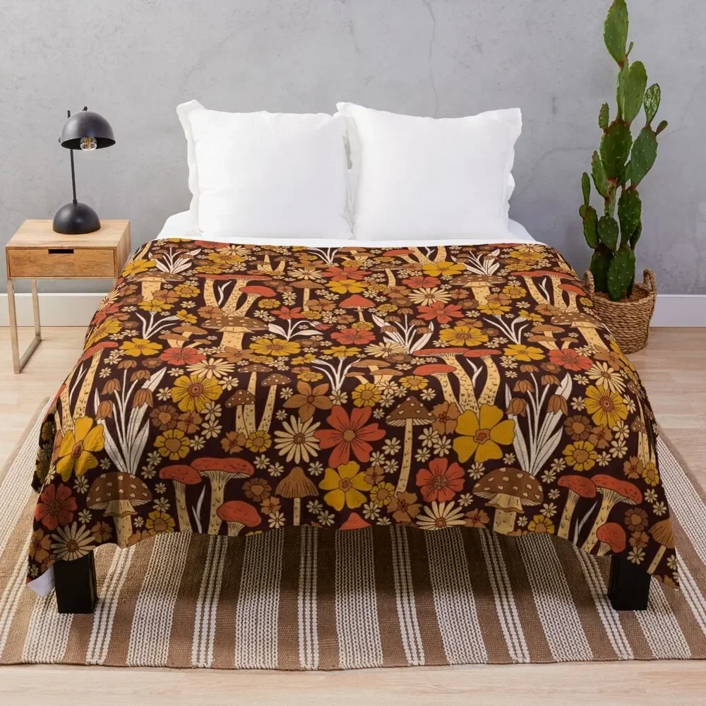 Retro 1970s Brown & Orange Mushrooms & Flowers Throw Blanket Moving Thin Blankets