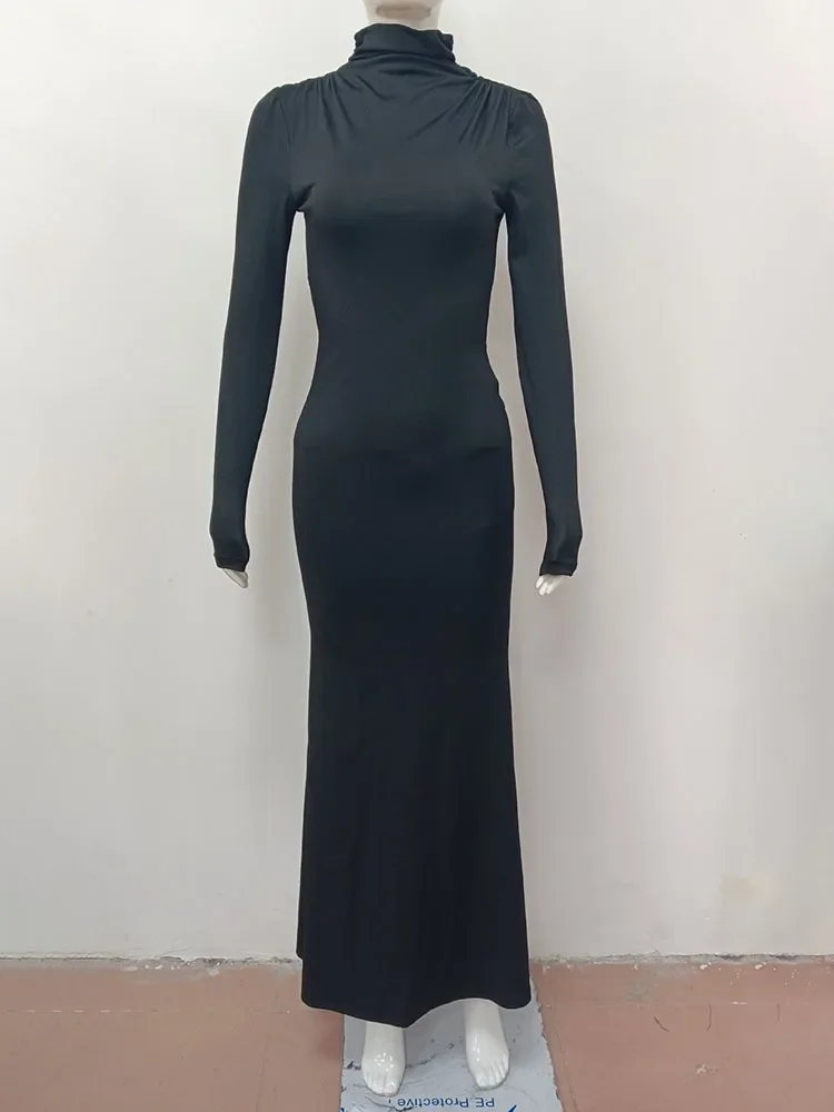 Backless lange mouw sexy maxi-jurk damesjurk elegante zwarte uitgesneden halfhoge kraag bodycon club party lange jurk