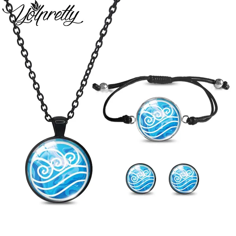 2023 New Arrival avatar the last airbender Black Necklace Rope Bracelet Stud Earrings Sets Glass Cabochon Jewelry Sets for Women