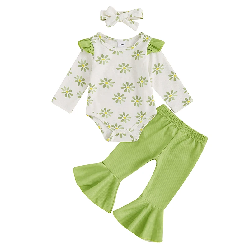 Baby Girl Spring Clothes Floral Print Long Sleeve Waffled Jumpsuit with Solid Flare Pants and Bow Headband