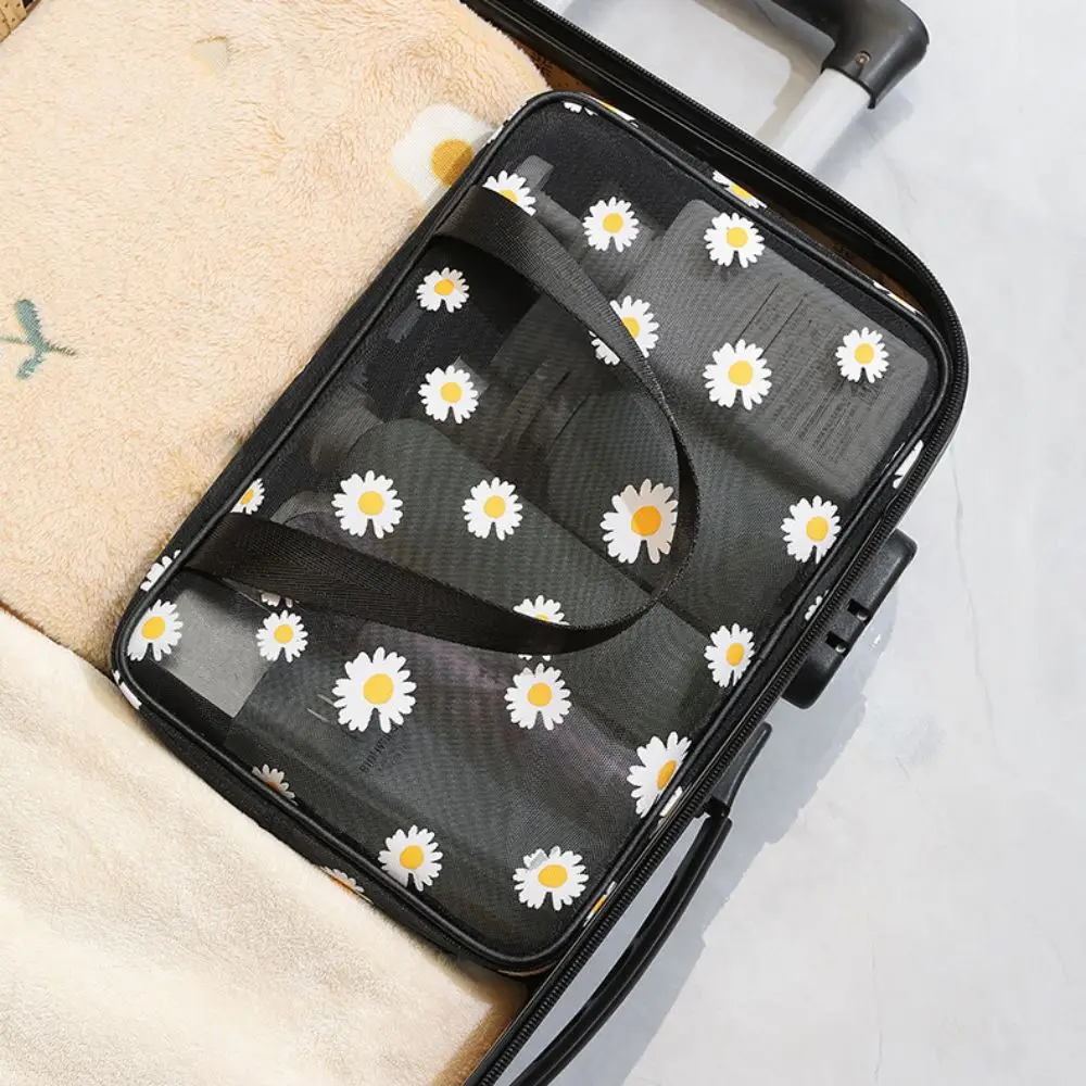 Bolsa de maquillaje con margaritas y flores, bolso de viaje portátil con cremallera y gran capacidad, resistente al agua