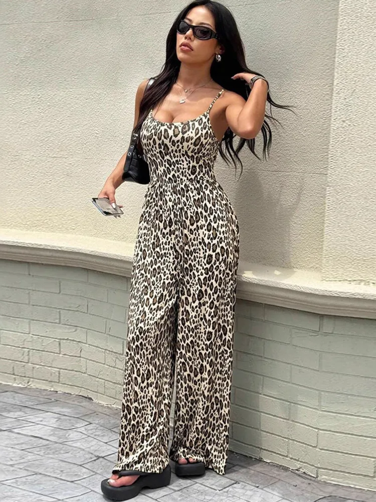 

Oniflyme Sleeveless Leopard Print Wide Leg Jumpsuits Women Sexy Spaghetti Strap Backless Slim Rompers Streetwear Female Overalls