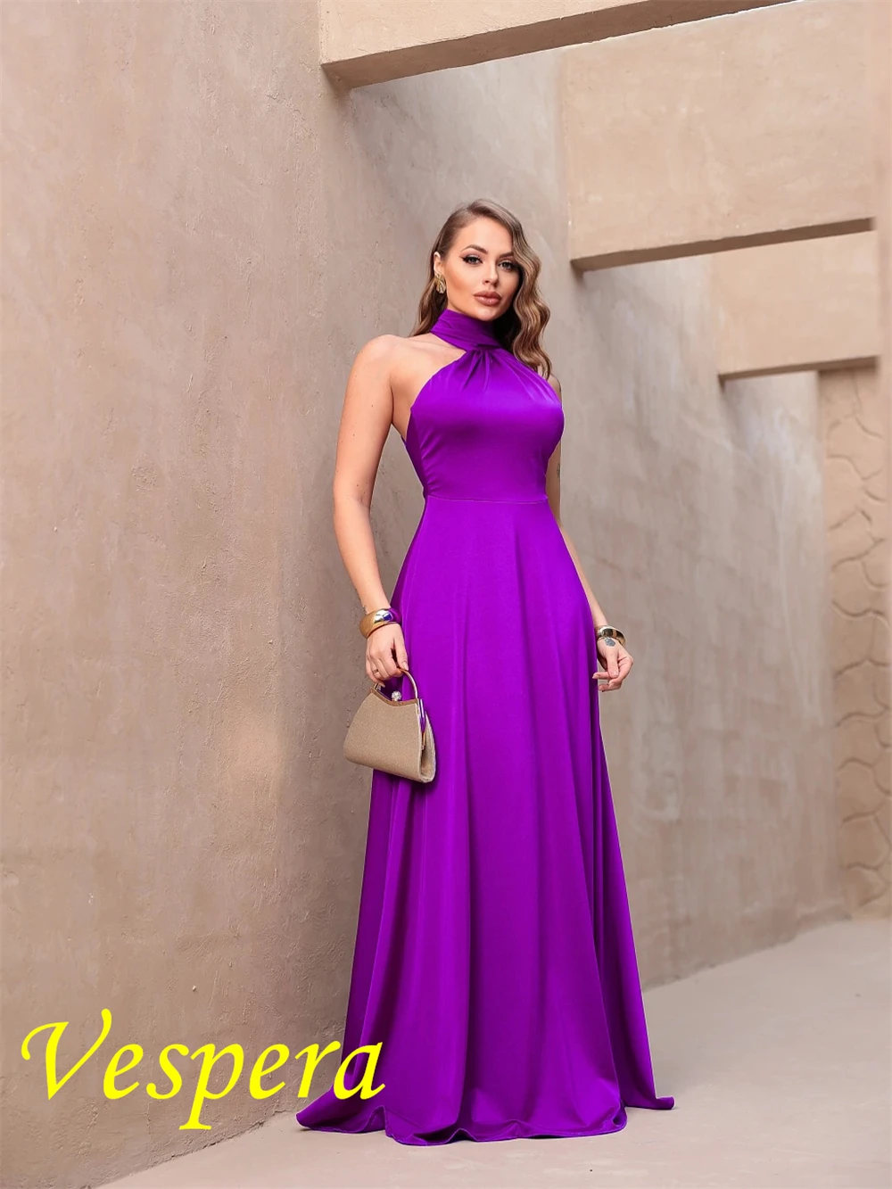 Customized Simple Satin Evening Dress Exquisite Halter Sleeveless Prom Dresses Luxury Backless Open Back Vestido De Festa