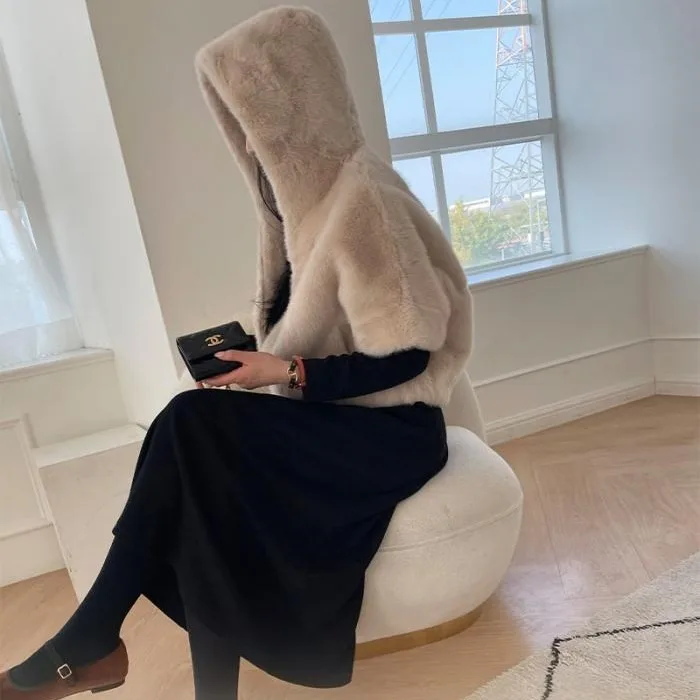 Koreanische Sle ort Sve Faux Pelz Weste frauen Mantel Hut oulder Verbindung Warme Polyester Faser Stand Version Winter Jaet