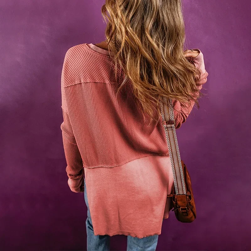 2024 neue Damen Waffel halboffenen Kragen Pullover Patchwork Langarm Sweatshirts für Frauen lose lässige Tops nasy0006