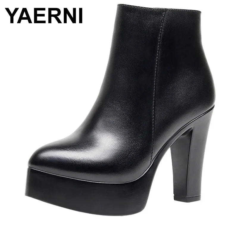 

Women Ankle Boots Pointed Toe Black Flock 9CM 11CM Chunky Heel Platform Booties Party Shoes Large Size Short Boots Size 32-43