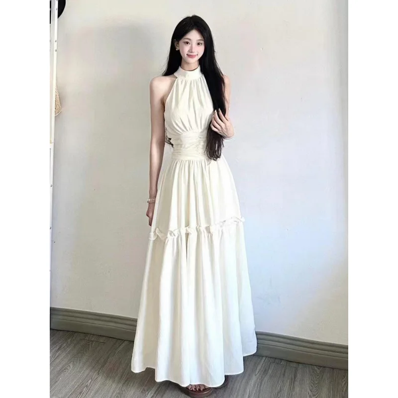 

French Style High-End Sleeveless Halter Dress for Women, Summer Gentle Temperament Niche Unique Waist-CinchingaLong Skirt