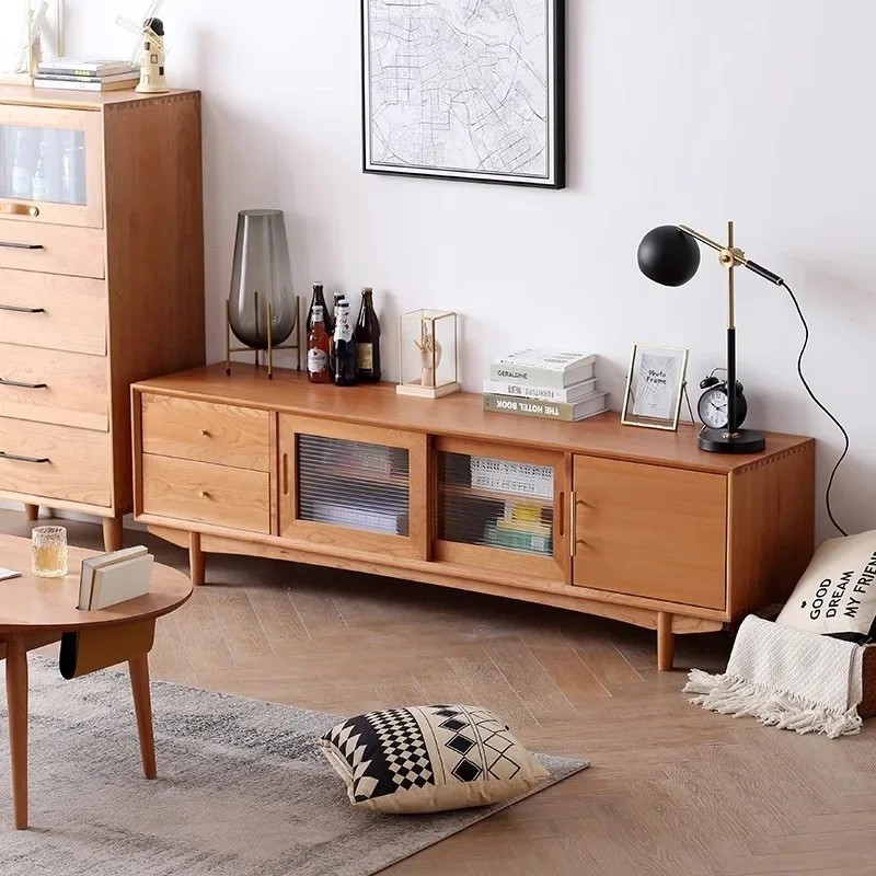 Cherry wood TV cabinet, coffee table solid wood combination, Japanese-style living room small apartment simple log color