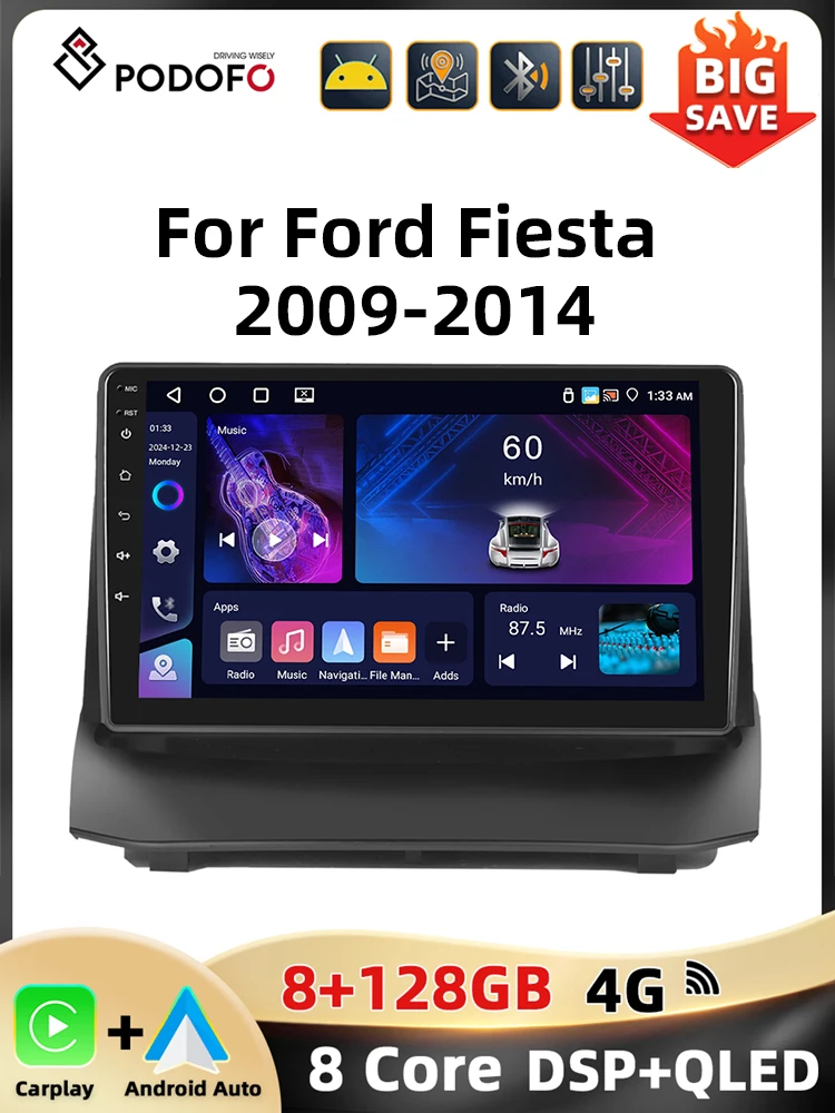Podofo 2din 8Core Autoradio Voor Ford Fiesta 2009-2014 Multimediaspeler Gps Navigatie Wifi 4G Carplay Android Autoradio - afbeelding 2