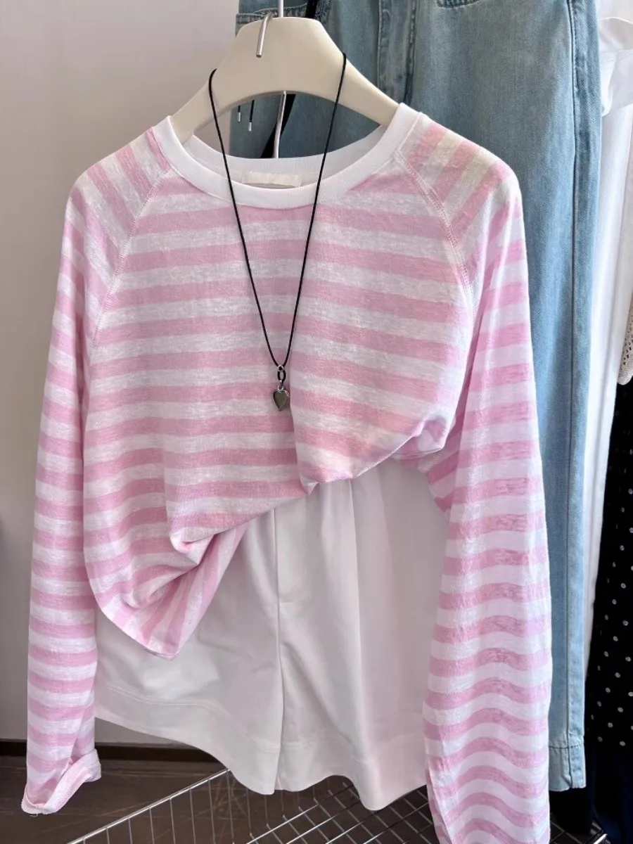 Bardzo Duży Rozmiar 300, Różowy w Paski, Długi Sweter, Damska Letnia Nowość, Elegancka Odzież Chroniąca Przed Słońcem, Mieszanka Bawełny