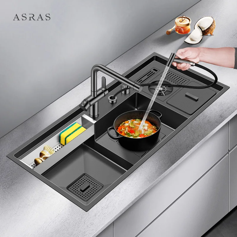 배수 쓰레기통이 있는 컵 세탁기가 있는 단일 대형 계단식 세면대 모델 10547NX 수제 주방 싱크대