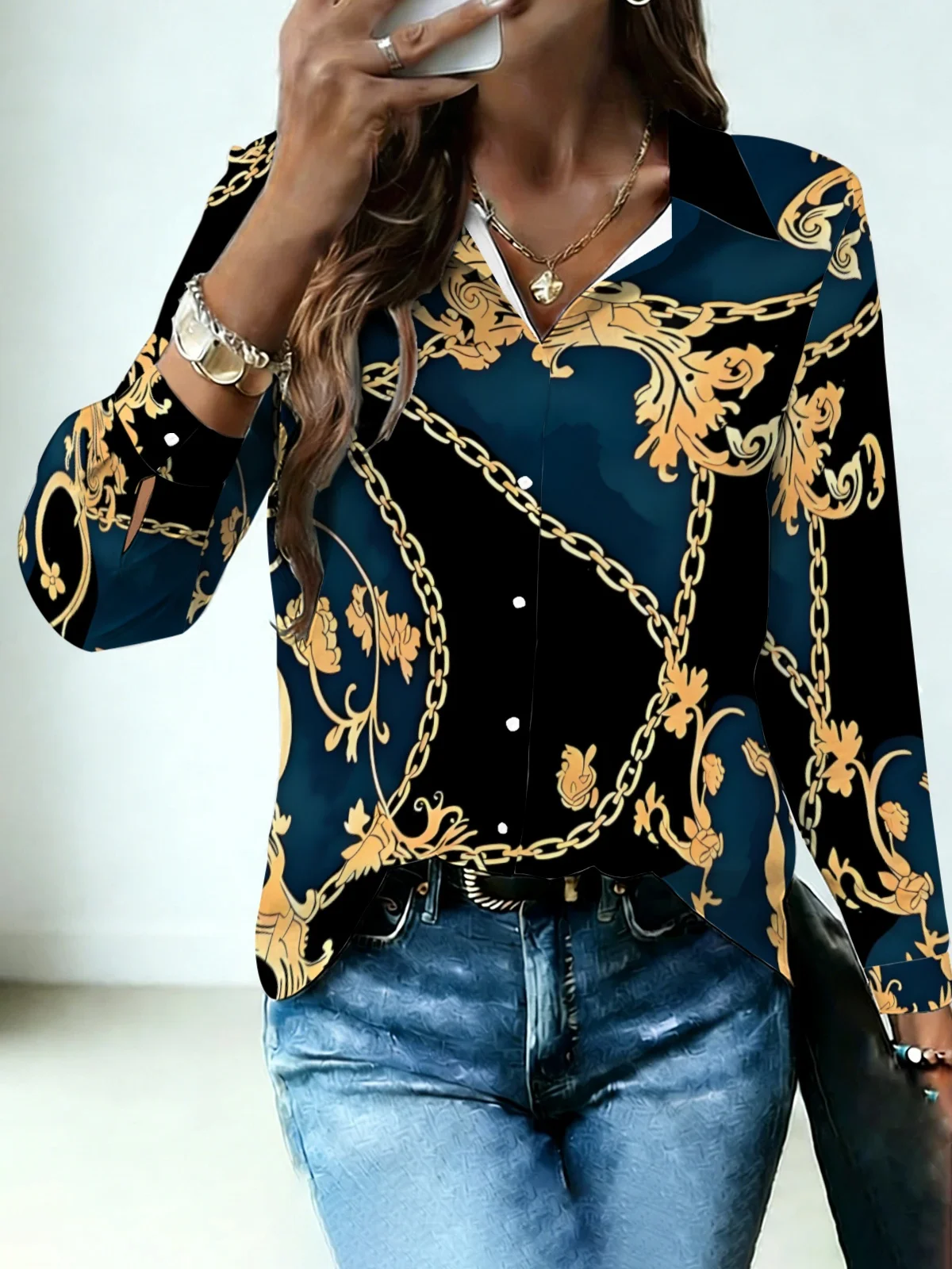 Vintage Royal Golden Floral Chain Print Women Lapel Blouse Dark Teal Black Background Baroque Scroll Vine Long Sleeve Dinner