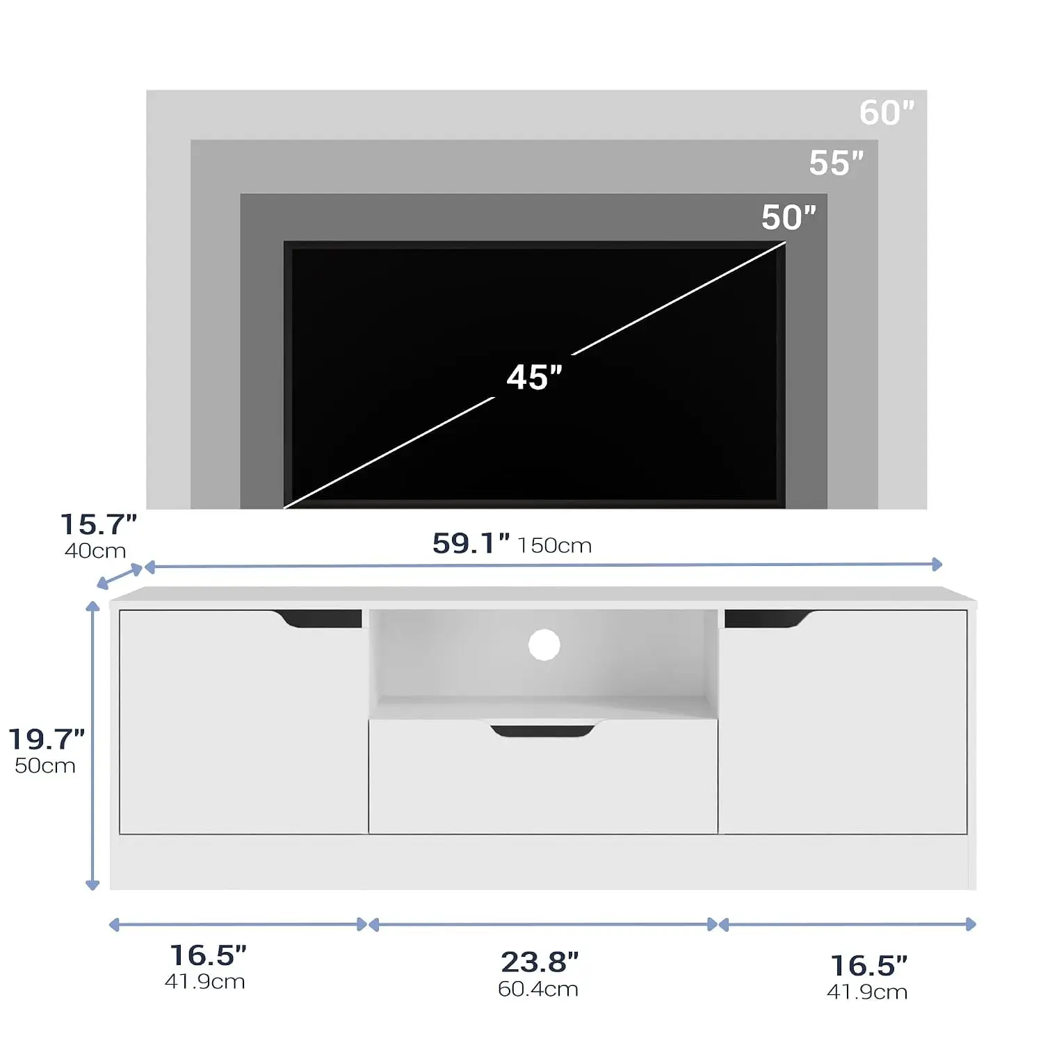 Modern TV Stand Media Cabinet for 55-65 Inch Screen, White Finish, Living Room Storage, Customized