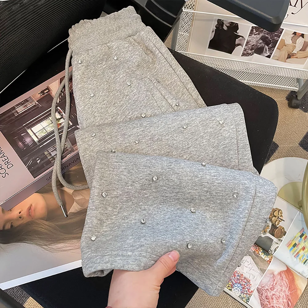 

Diamond Rivet Pants Women Spring Autumn Casual Loose Elastic Waist Drawstring Pants Female Sport Pants American Style Trousers