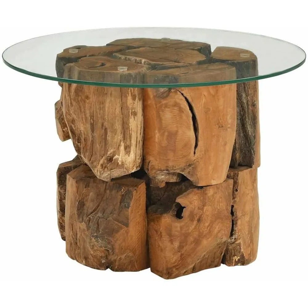 Coffee Table with Solid Teak Driftwood Base, Round Side Table with Tempered Glass Top, Fully Handmade, 23.6