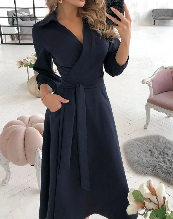 Women's Elegant Dress 2024 Autumn Winter Latest Turn-Down Collar Lantern Sleeve Maxi Shirt Dress Tied Long Sleeve Long Skirt