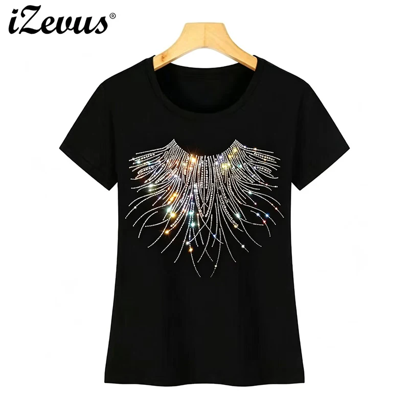 Women's summer ice silk cotton round-neck short-sleeved T-shirt with rhinestone rhinestone necklace, fashionable and casua