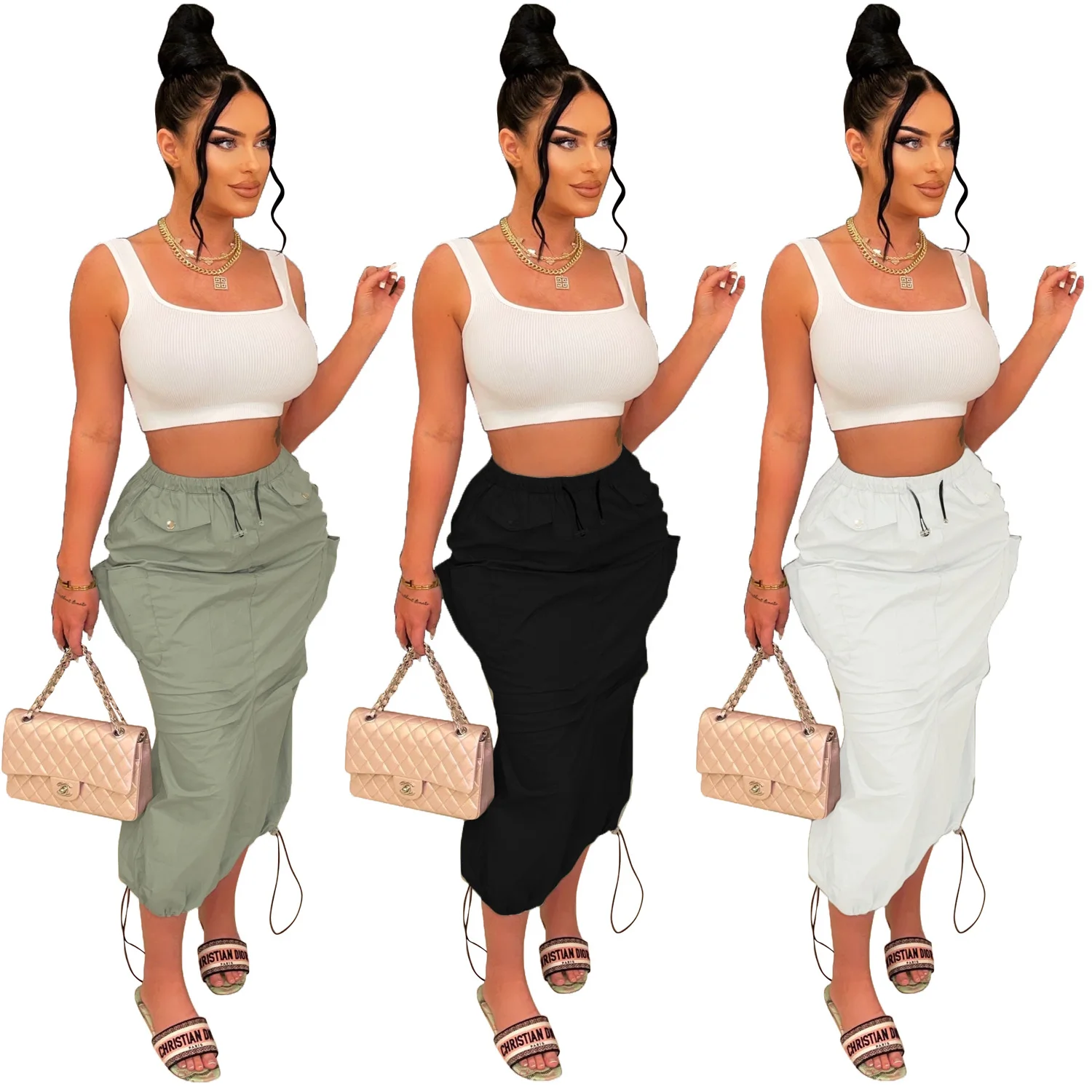 Fashion Women Drawstring Ruched Up Stacked Slim Pencil Midi Bodycon Skirt 2023 Solid INS Cargo Pocket Side Safari Style Skirts