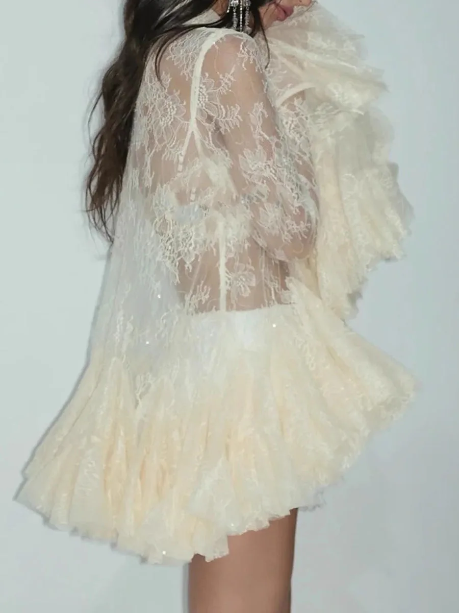 TWOTWINSTYLE Sheer Impiombato Increspature Pieghe Mini Abiti per Le Donne Risvolto Maniche Lunghe Patchwork Monopetto Abito Sexy Femminile