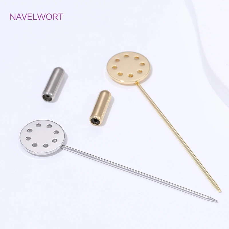 14K مطلية بالذهب بروش طويل دبابيس الأمان 12 مللي متر قاعدة فارغة الصواني ، DIY بها بنفسك دبابيس مستلزمات صناعة المجوهرات ، اكسسوارات للنساء