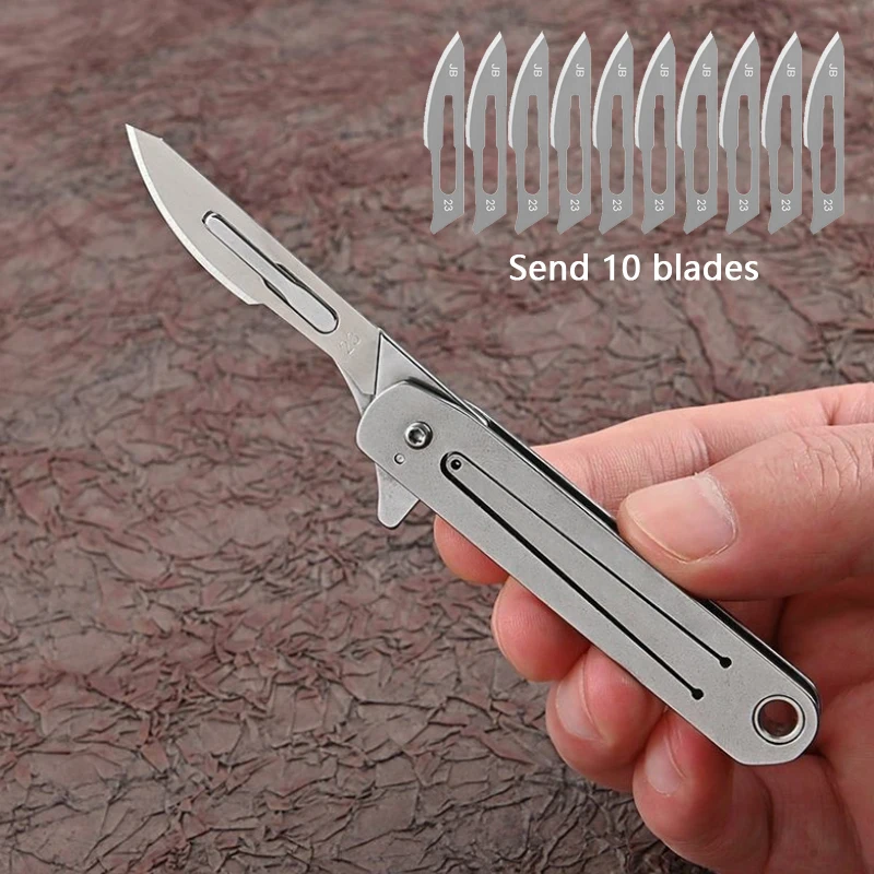 Stainless Steel Surgical Knife for Medical Outdoor Camping, Replaceable Blades, Portable Surgical Knife with 10 Blades