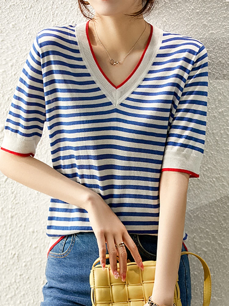 V-Neck Thin Knitted T Shirt Women Hit Color Patchwork Striped Tees Shirt Short Sleeve Summer Tops Korean Fashion Womens Clothing