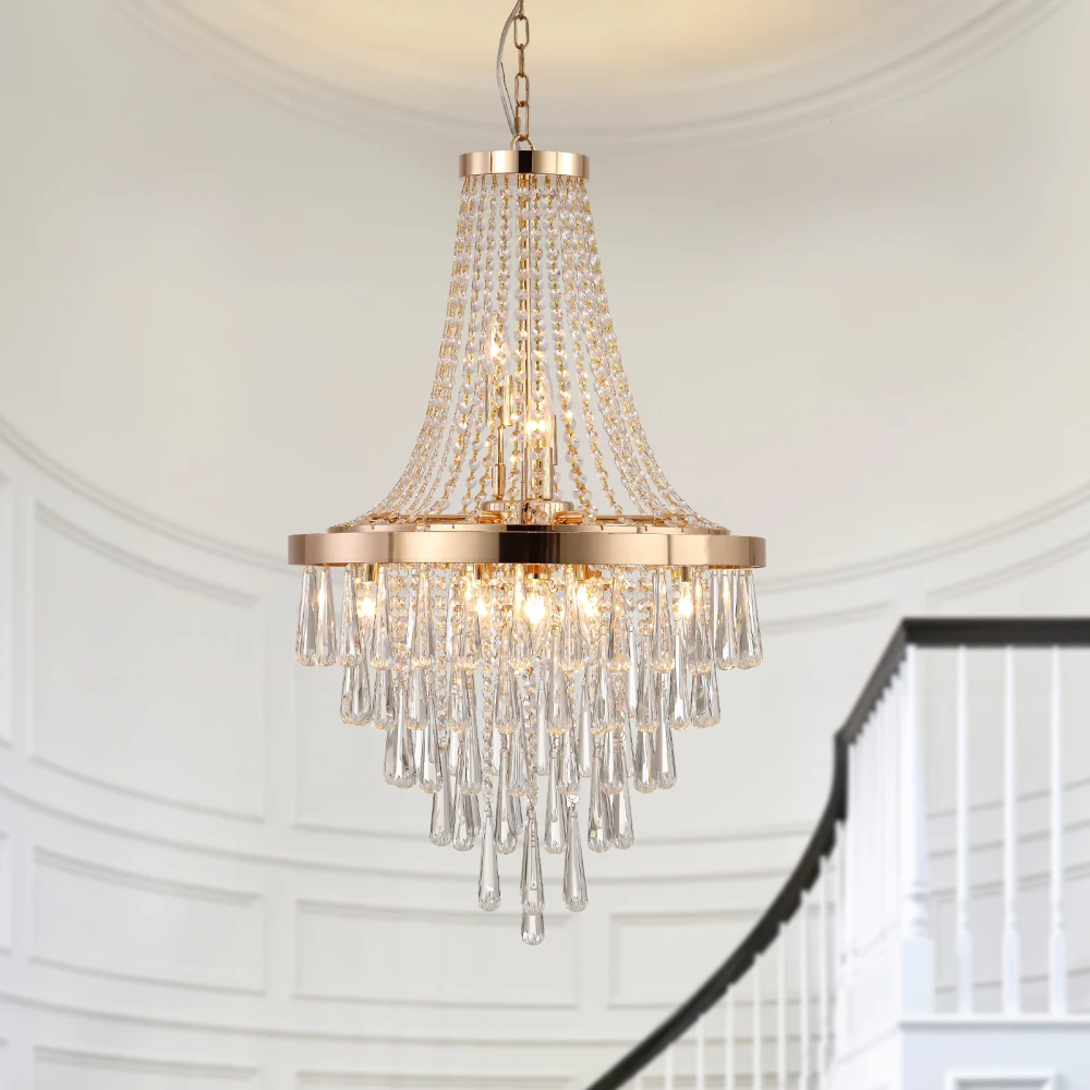 

20" Modern Crystal Pendant Chandelier (Golden) –11-Light Tiered Hanging Light for Dining/Living/Entryway (No Bulbs)