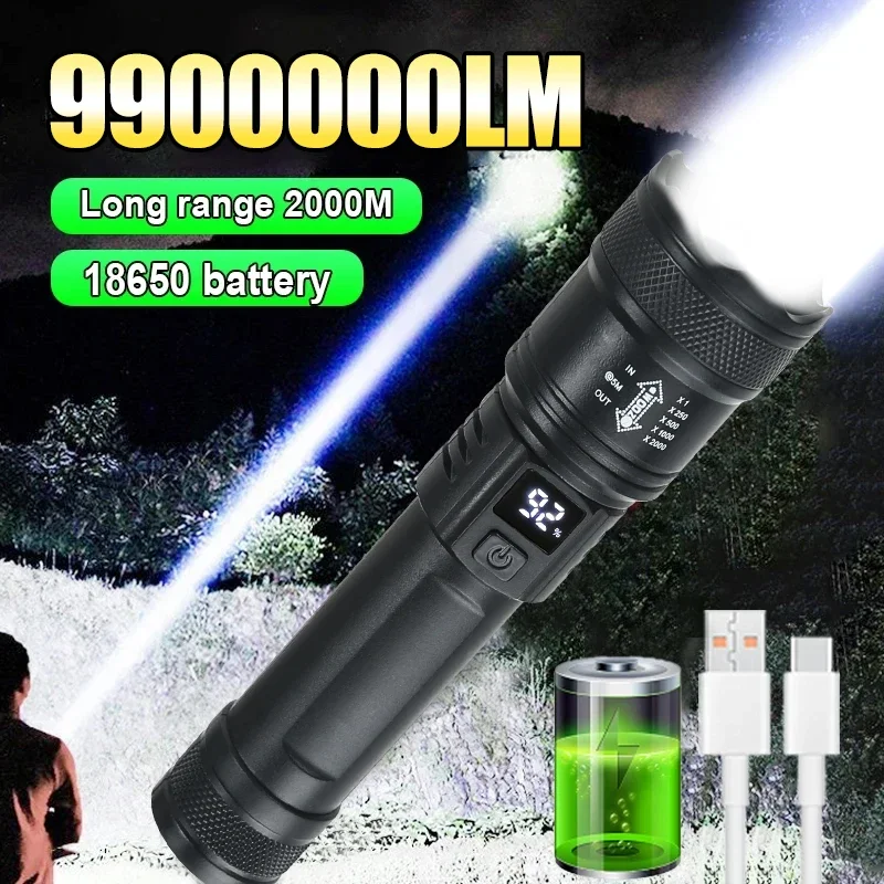 9900000LM LED Flashlight Battery Display USB Rechargeable Light Telescopic Zoom Torch Lamp Outdoor Camping Fishing Lantern