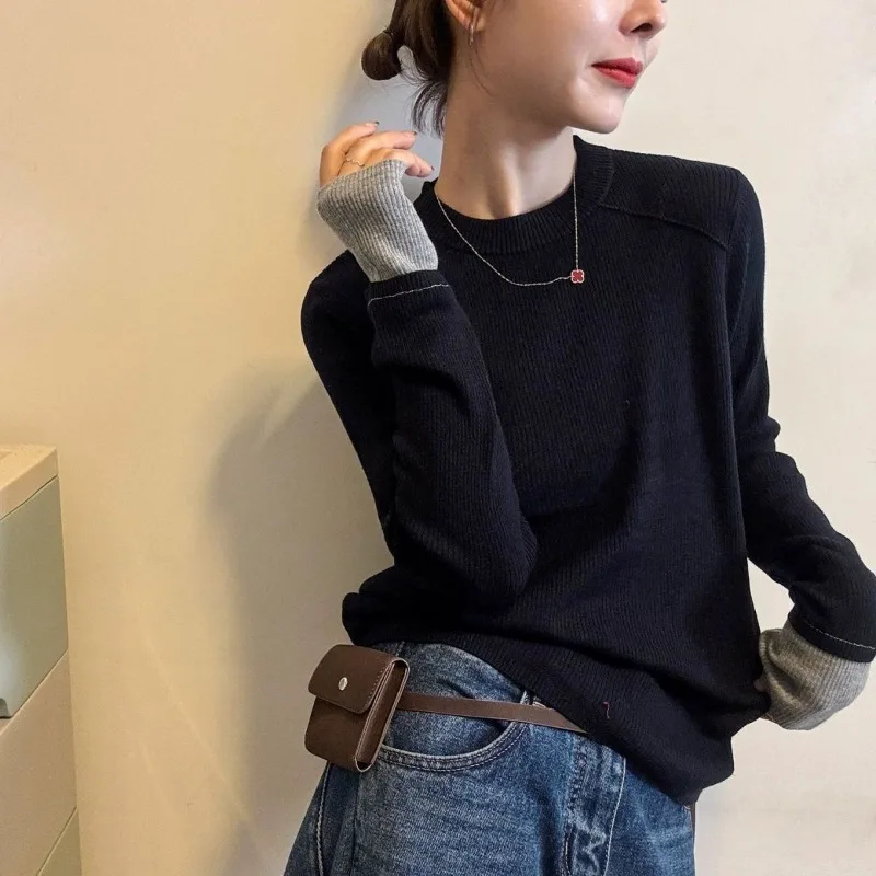 

Pullover Color-blocked Round Neck Knitted Women's Autumn and Winter Fashionable Slim-fitting Warm Base Layer Top
