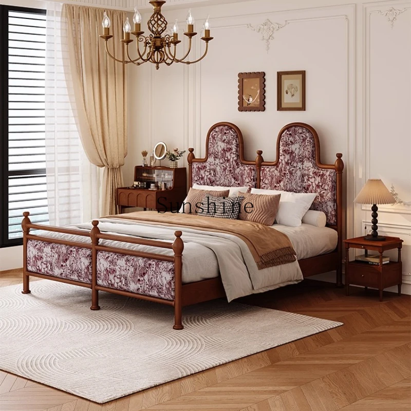 

French size apartment retro solid wood fabric bed master bedroom personalized double bed
