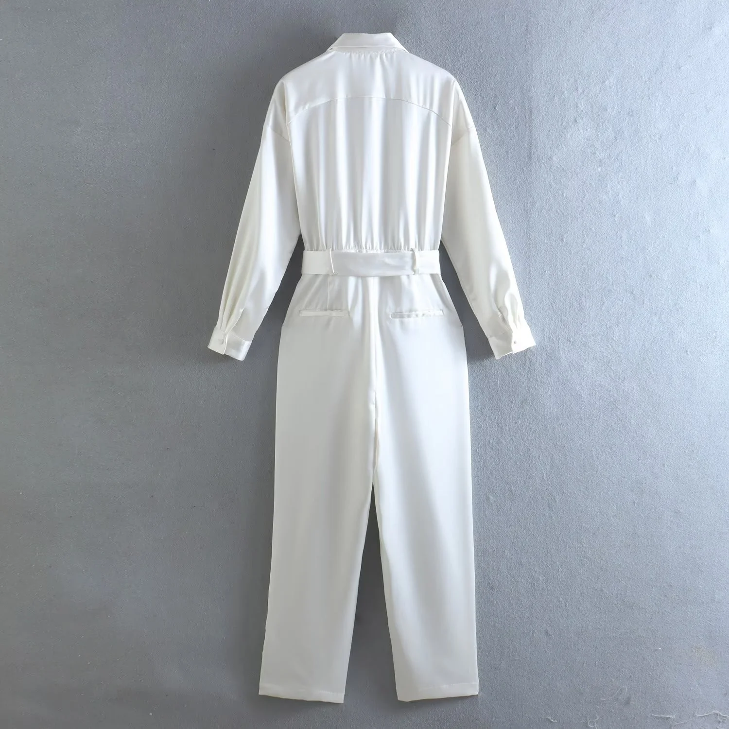 Korean Women V Neck Belt Jumpsuits Casual Female Long Sleeves White Silk Clothes One Piece Overalls Chic Elegant Woman Jumpsuit