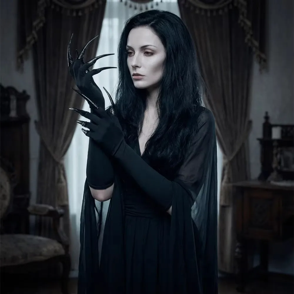 Black Color Long Nails Gloves Stretch Elastic Detachable Claw Nails Witch Gloves Polyester Material Finger Nails Design