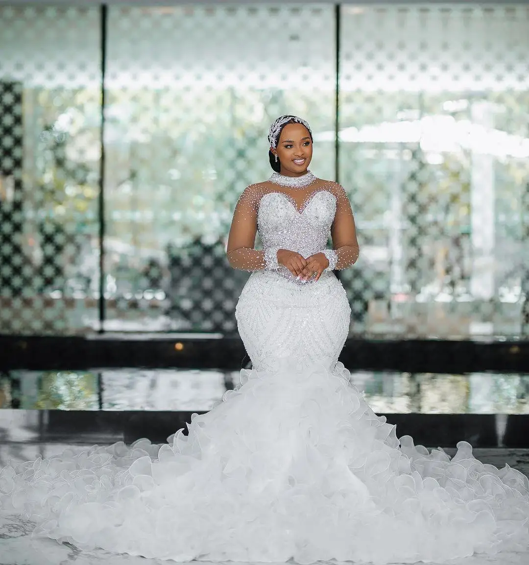 Customized High Neck Sparkly Crystals  Beads  Wedding Dress for Bride Illusion  Long Sleeves Church Plus Size Tiers Bridal Gown