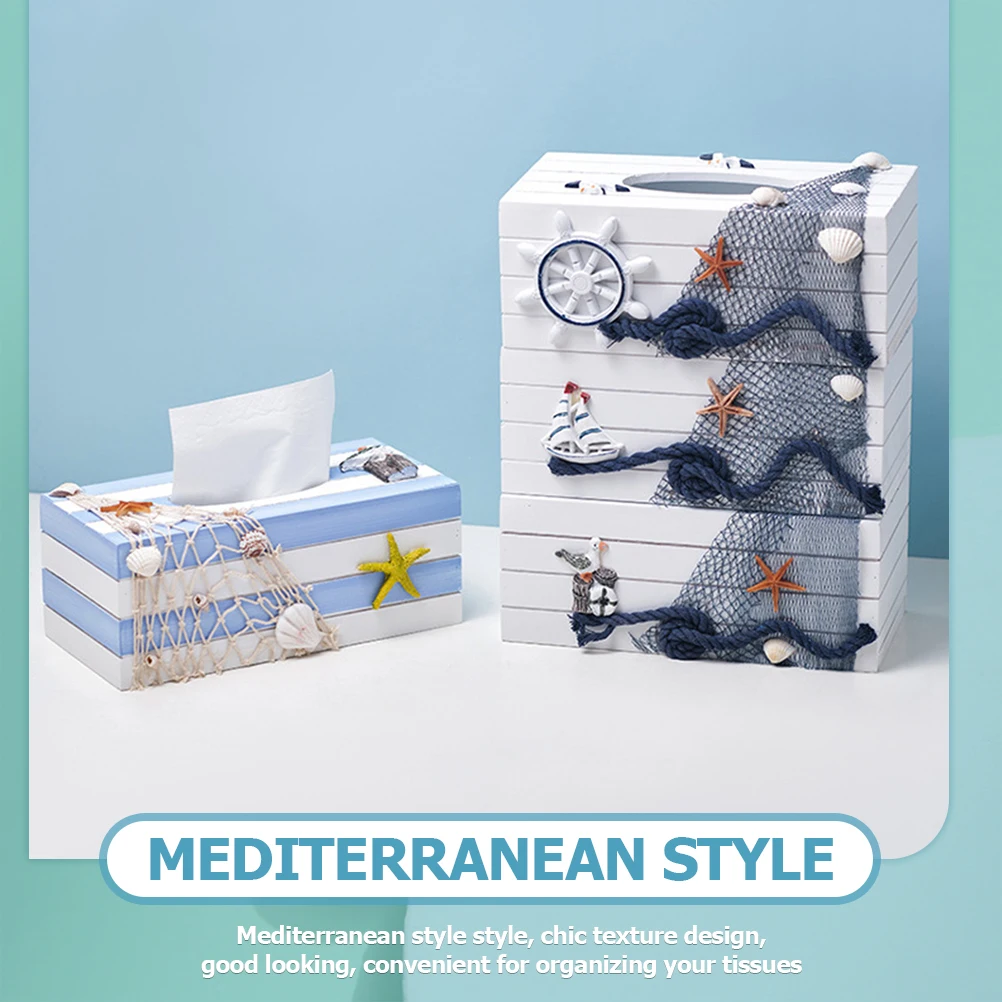 

Tissue Box Cover Wooden Resin Mediterranean Style Rectangular Dispenser for Home Office Hotel Beach Decor Fishing Party