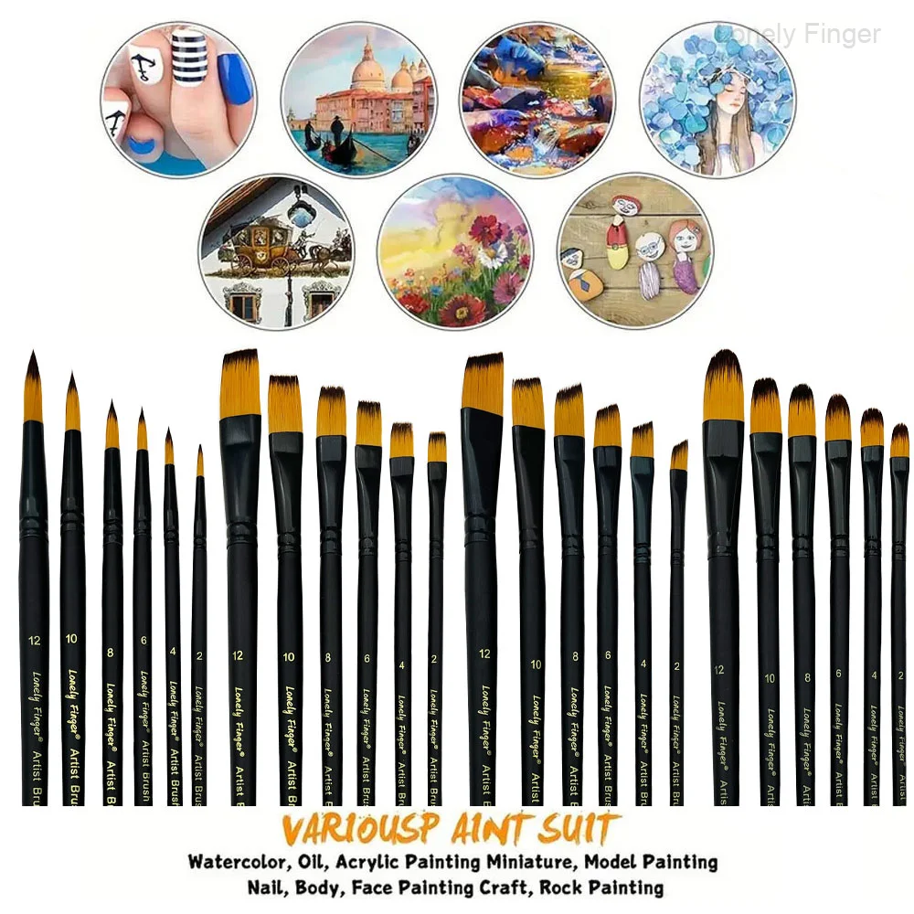Watercolor Brush Set, 6 Pcs Professional Paint Brushes Round Flat Angle Filbert for Beginners and Artists, Various Shapes,