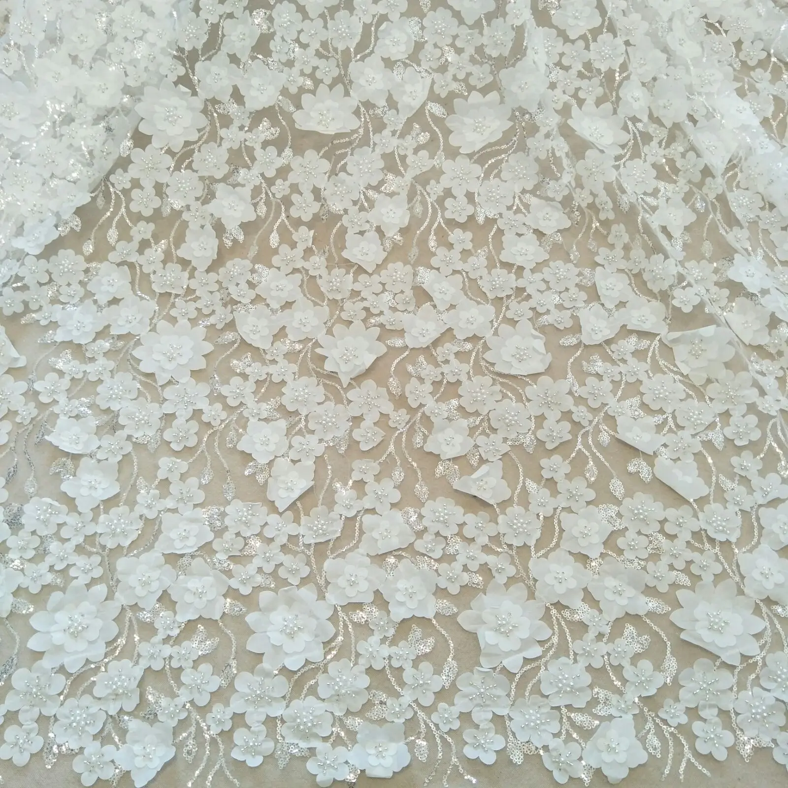 Fashion 3D lace fabric fabric 130cm width ivory beading lace sell by yard