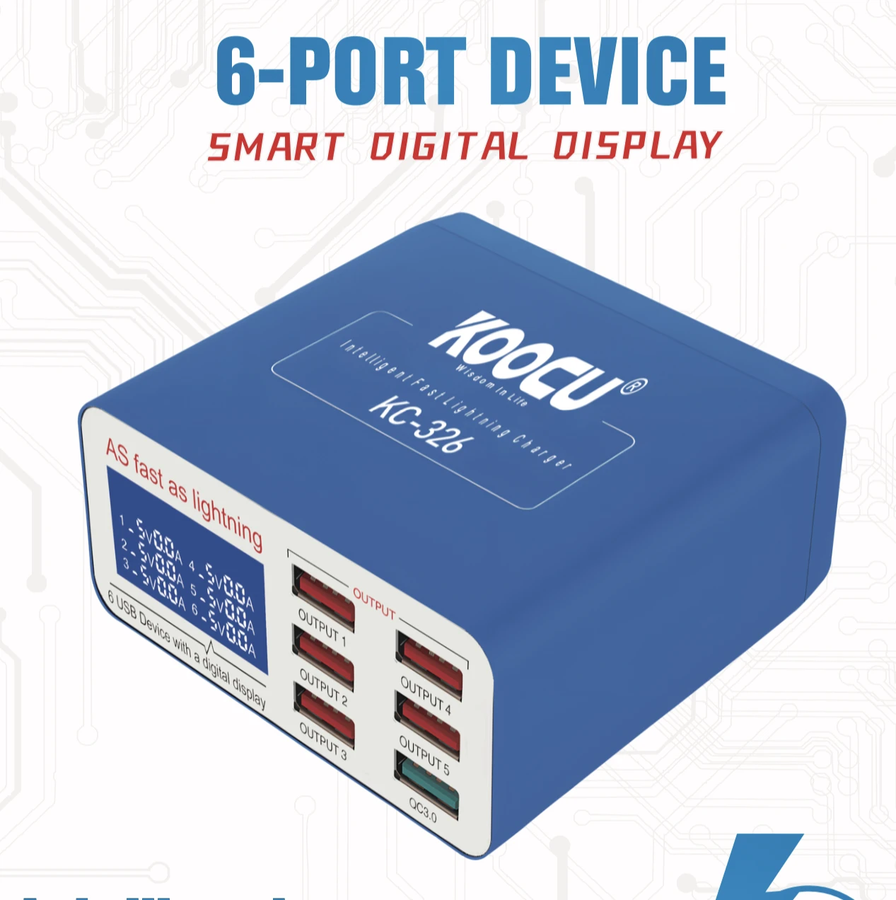 KOOCU KC-326  Smart 6-port Digital Display Lightning Charger USB Phone Charger