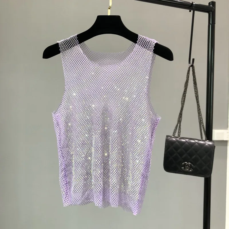 Crystal Beading Shiny Tanks Party Club Sexy Hollow Out Diamonds Stamping Camis Winky gilet senza maniche