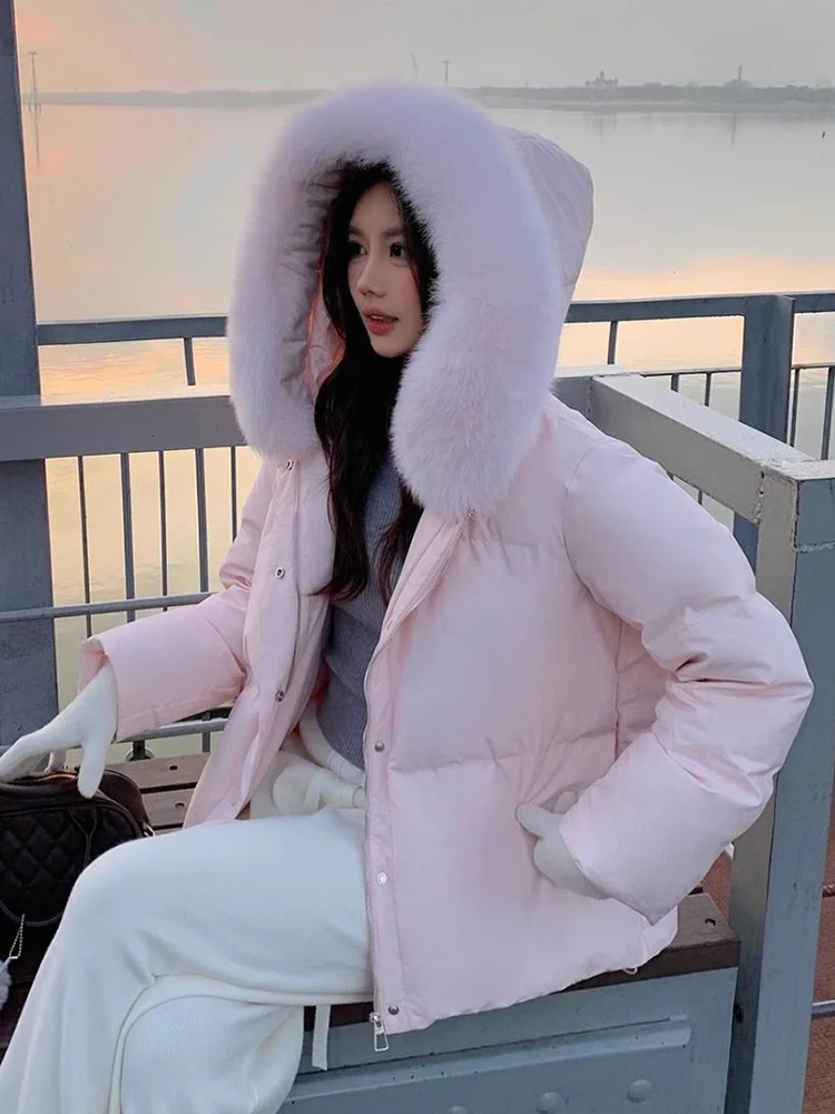 

Fashion Women Pink Parkas Winter Warm Cute Faux Fox Hooded Puffy Coat Korean Preppy Style Casual Female Loose Long Sleeve Jacket