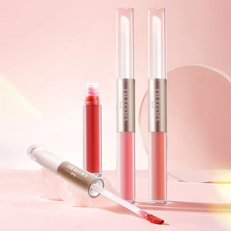 Juego de brillo de labios de doble cabeza, labios rojos Sexy, maquillaje de labios, espejo de barro, brillo de agua, lápiz labial mate líquido rosa, cosmético coreano