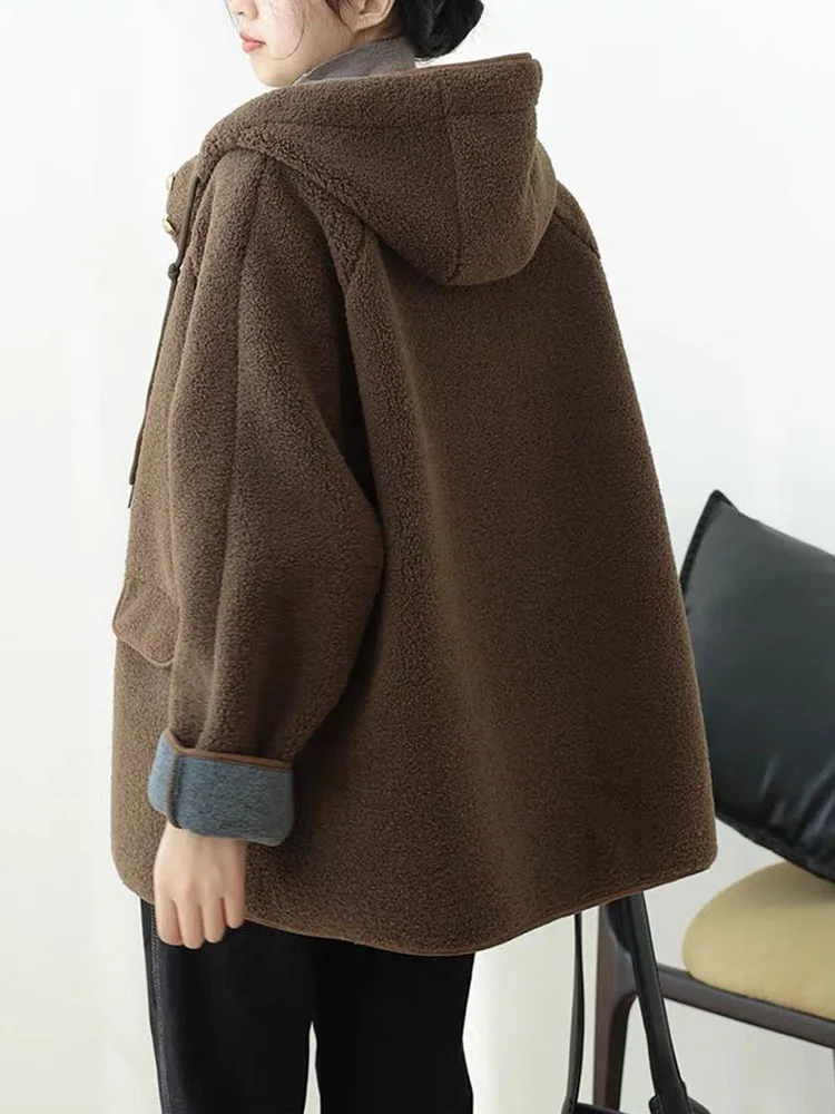 Women Hooded Loose Lamb Wool Jackets Korean Casual Single Breasted Thick Unlined Coats Tops Winter Warm Long Sleeve Abrigos New