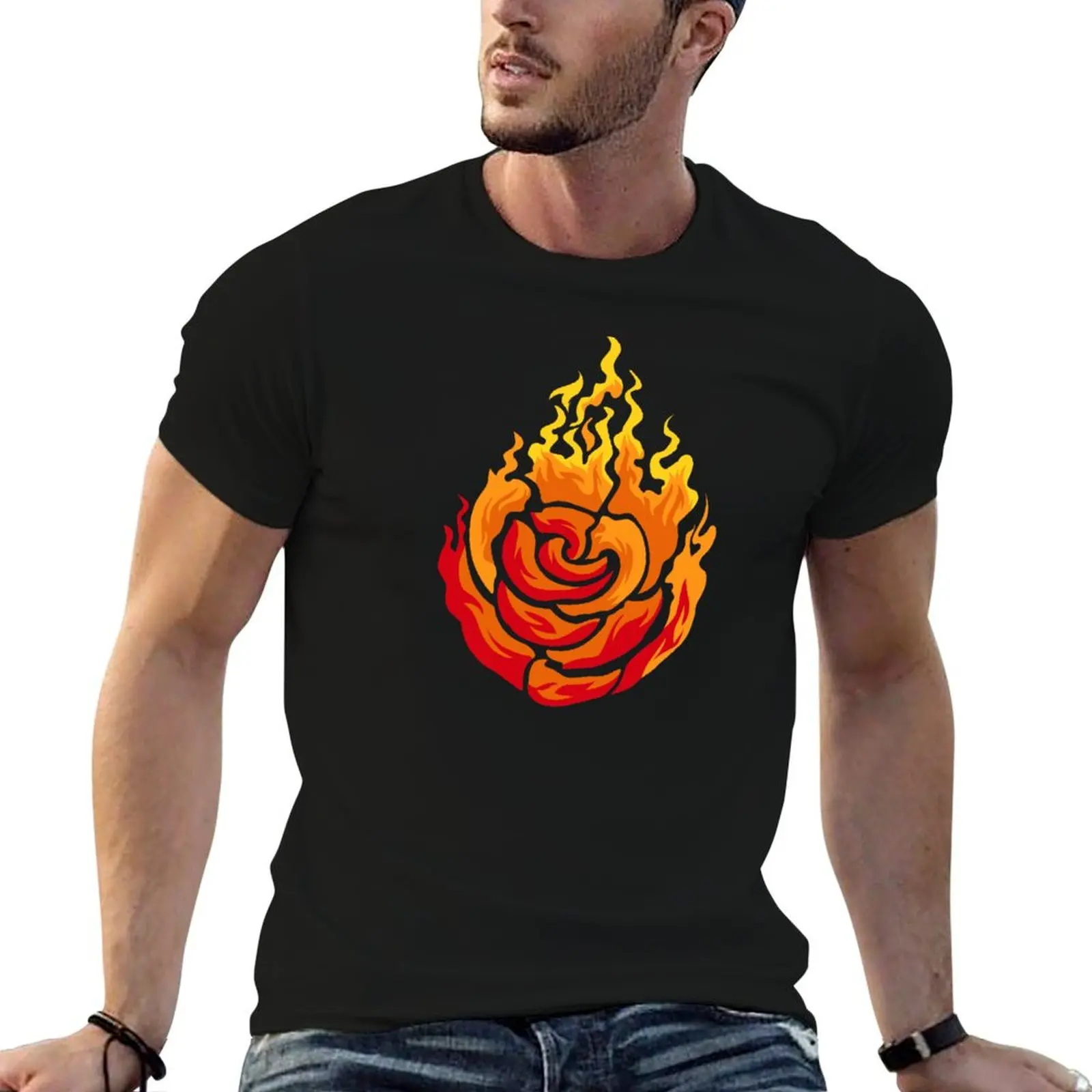 Flame Rose Fire Flower Flames Burn Burning T-Shirt Streetwear Print Tee Shirt