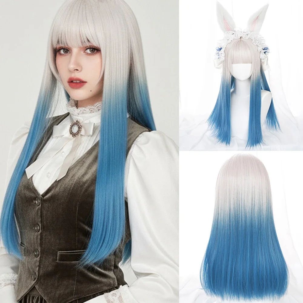 

Синтетический длинный прямой градиентный синий парик с челкой для женщин, косплей, Лолита, Хэллоуин, вечерние накладные волосы, термостойкие
