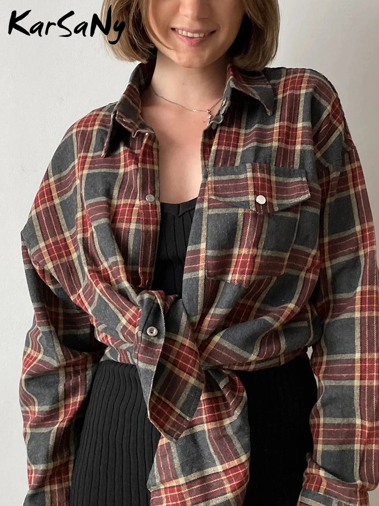 Women Oversize Plaid Shirts Cotton 2024 Summer Long Sleeve Tops Vintage Loose Plaid Blouse Black Shirts Oversized For Women