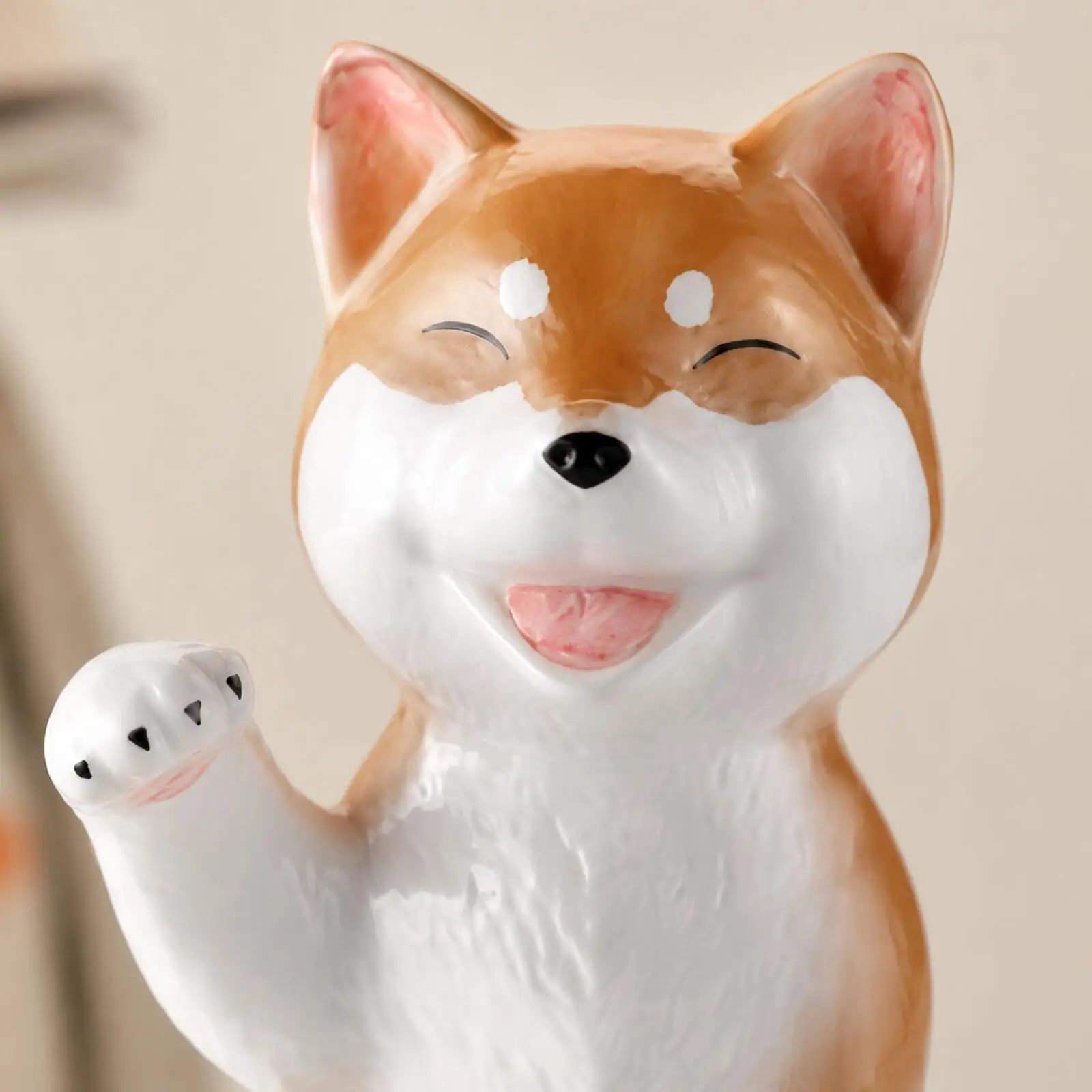 Japanese Spitz Dog Statue with Scarf Glossy Seated Dog Figurine with Anti-Slip Pad Large Raised-Paw Ceramic Dog Statue for