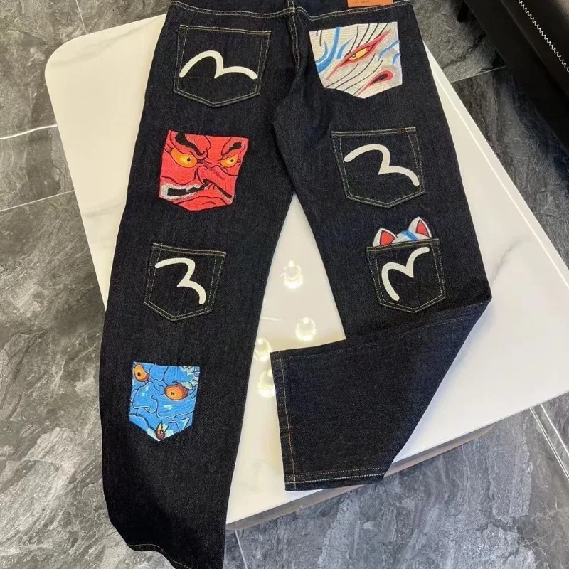 Mens Jeans Harajuku Fortune God Print Multi Pocket Denim Pants New Workwear Cargo Trousers Casual Streetwear Fashion Autumn New view 4