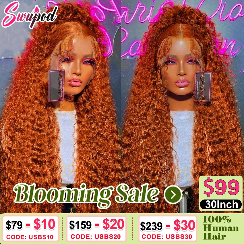 Swupod 13x4 13x6 220% Density Transparent HD Lace Front Wig for Women Deep Wave Remy Human Hair Ginger Orange 350# Loose Curly