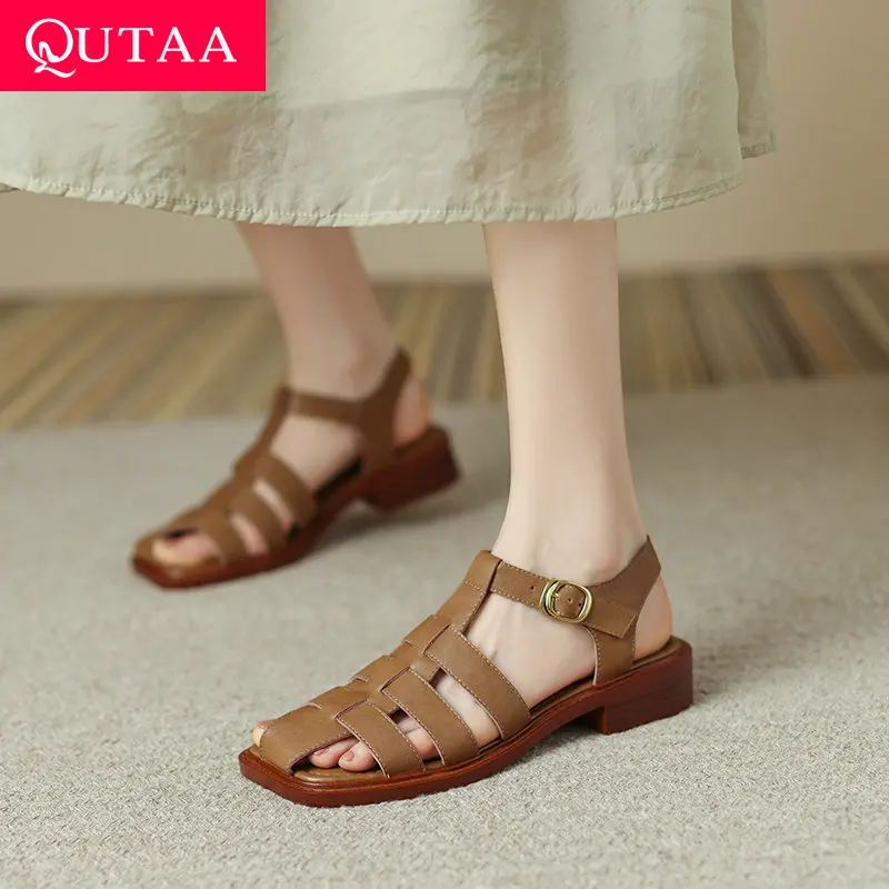 QUTAA 2022 Genuine Leather Sandals Round Toe Summer Basic Women Shoes Elegant Summer Square Low Heel Female Size 34-43