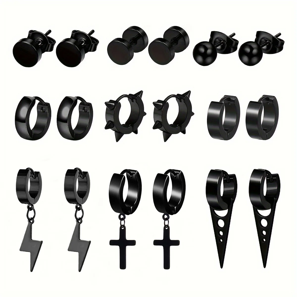 

18pcs Punk Hip-hop Stainless Steel Round Ball Stud Earrings Fashion Triangle Cross Spike Pendant Hoop Earrings for Men Women