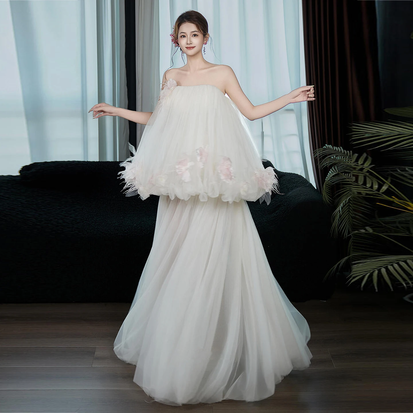 Fee-avondjurk Strapless baljurk Galajurk Feestjurk met veters aan de achterkant Roze appliqué